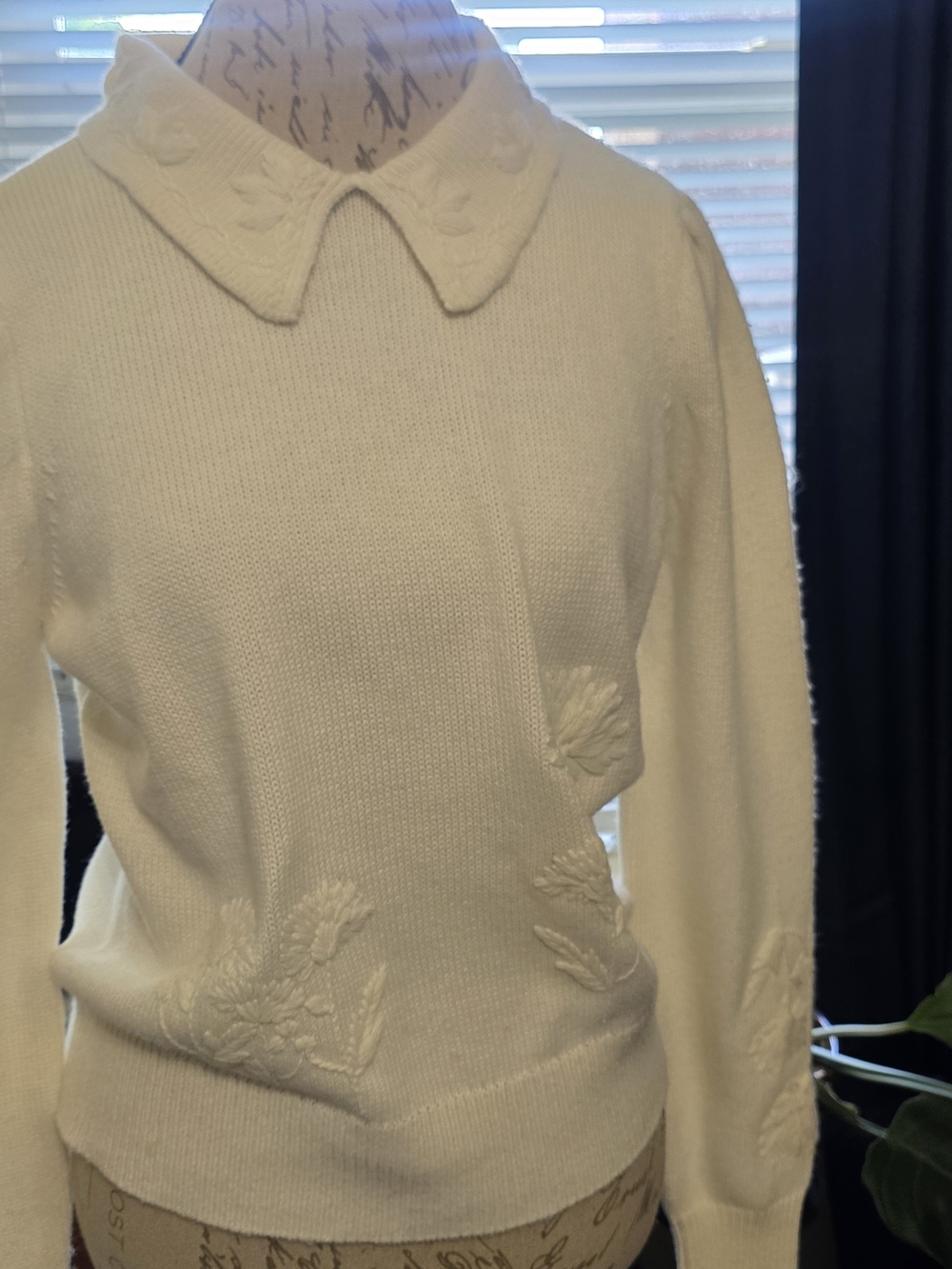 Joie Cream Knit Sweater with Textured Floral Peter Pan Collar Embroidered Detail